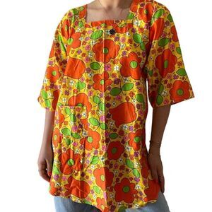 Vintage 1970s Womens Retro Psychedelic Floral Mid Mod Apron Open Back Top Sz M